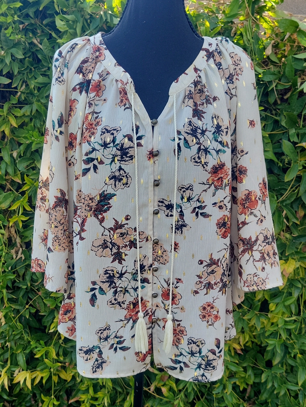 Daytrip Ivory Autumn Floral With Gold Fleck Tassel Peasant Blouse M